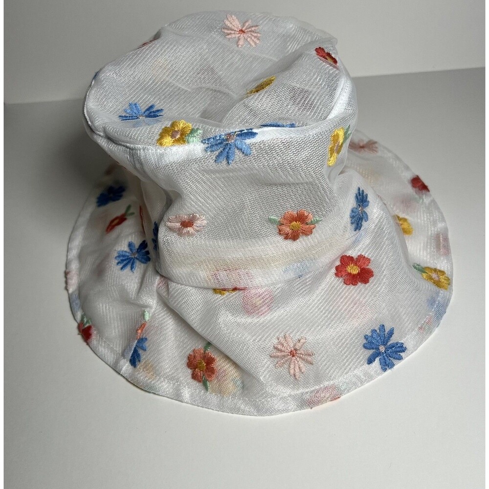 Rubi Women's White Mesh Bucket Hat Floral Embroidery Recycled Plastic One Size